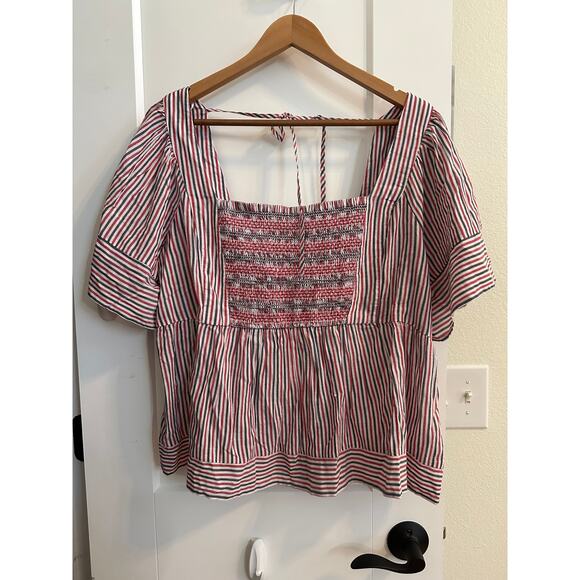 Old Navy XL Striped Smocked Cotton Blouse – Flutter Sleeve Peasant Top NWT - Picture 3 of 6